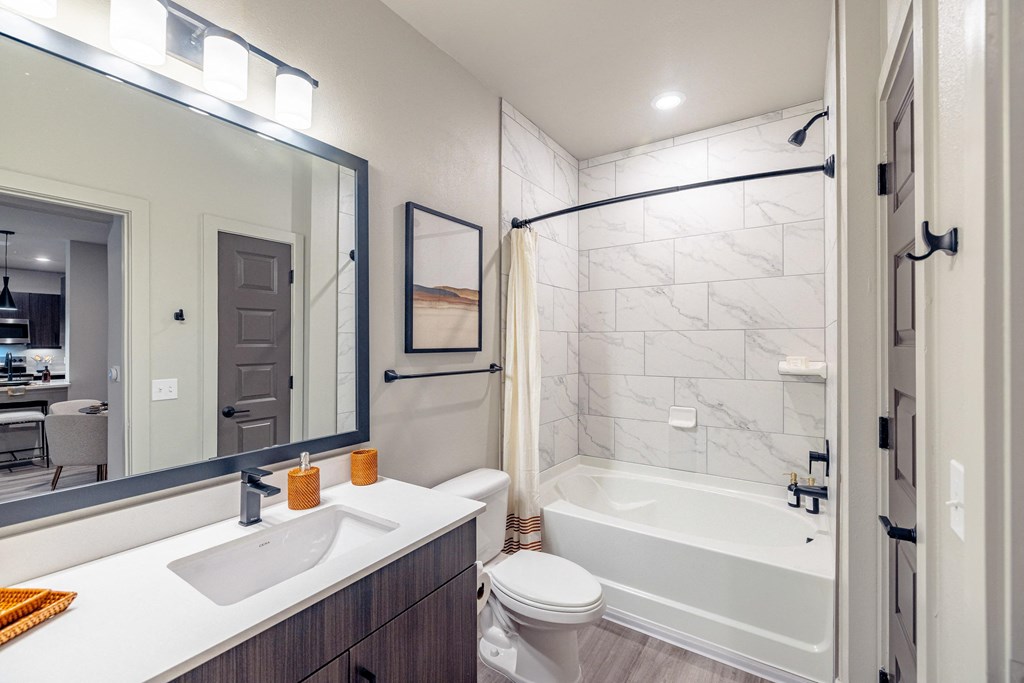 a bathroom with a shower sink and toilet and a mirror