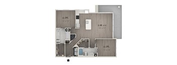 A floor plan of a house with three bedrooms, a living room, a kitchen, and a bathroom.
