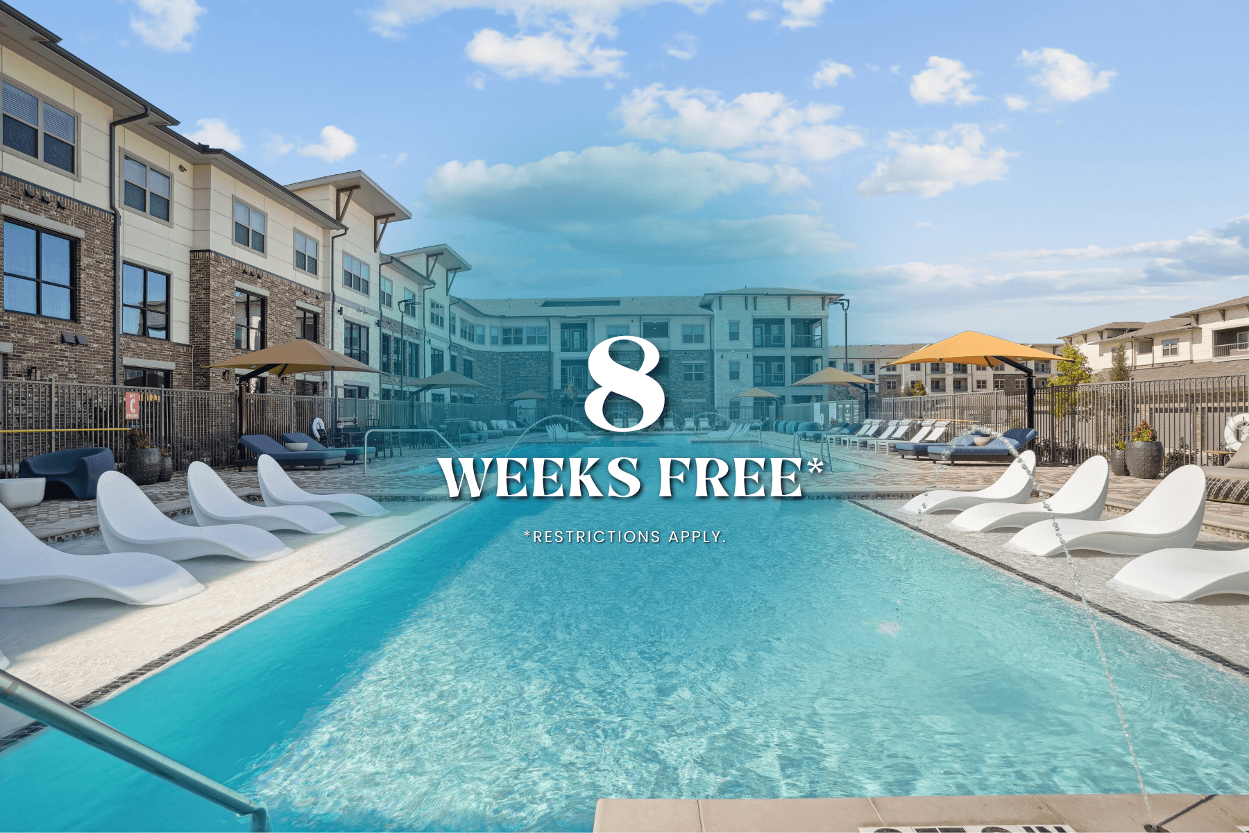 A pool with the text 8 weeks free on it.