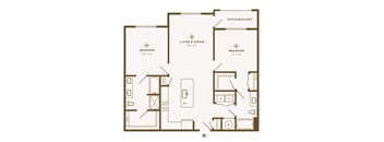 A floor plan of a home with two bedrooms, a living and dining area, and a patio/balcony.