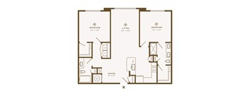 A floor plan of a two bedroom apartment with a living room and a dining room.