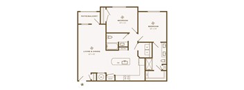 A floor plan of a house with two bedrooms, a living area, and a patio.