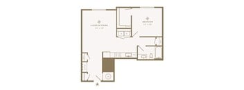 A floor plan of a small apartment with a living and dining area, kitchen, and bedroom.