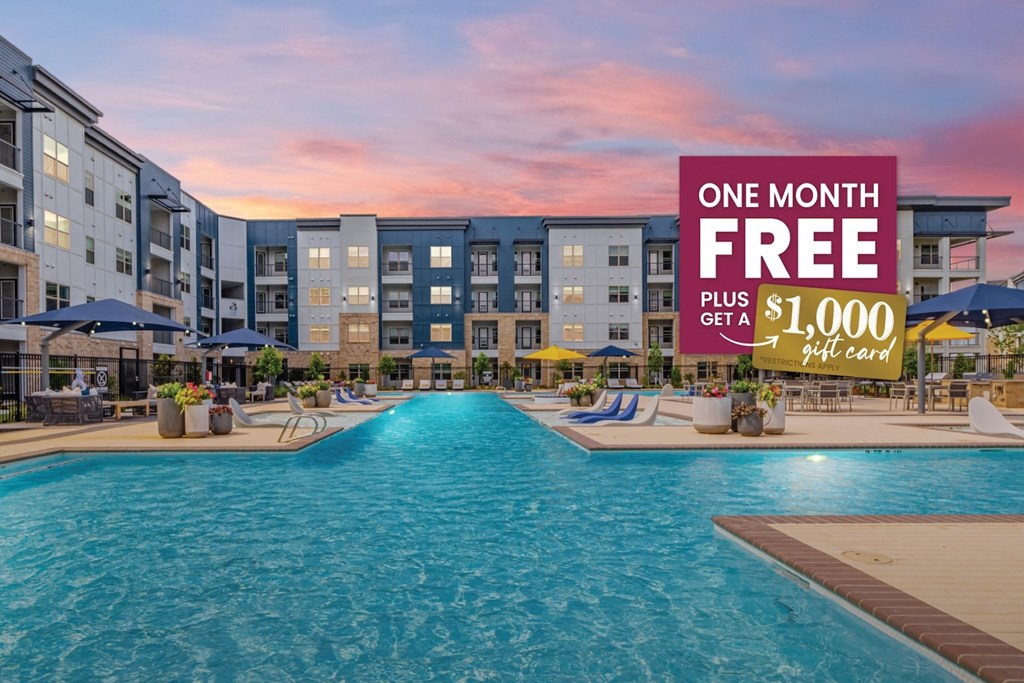 a swimming pool with a sign that reads one month free plus 1000