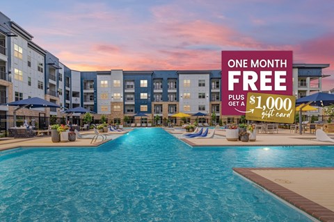 a swimming pool with a sign that reads one month free plus 1000