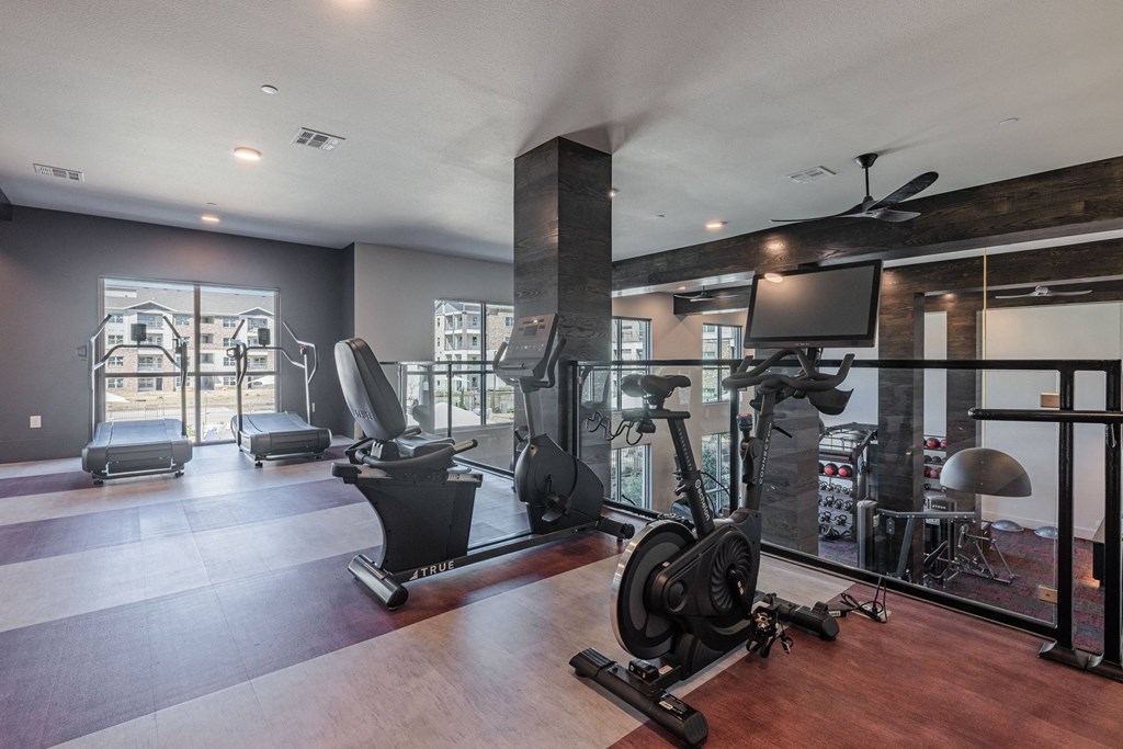 a gym with treadmills and weights and a tv on the wall