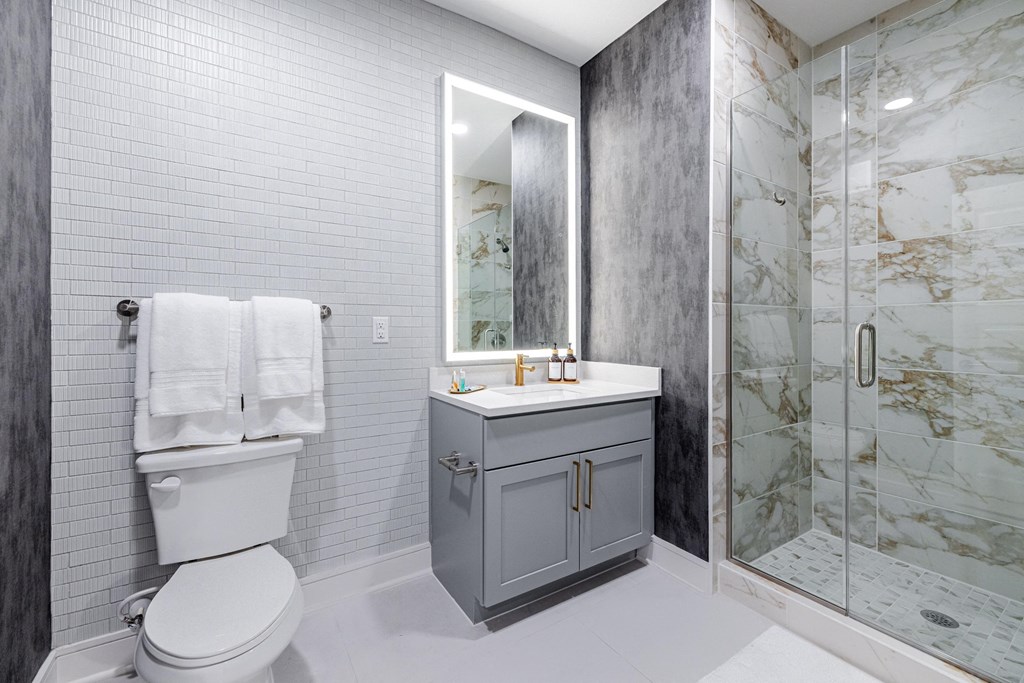 a bathroom with a shower and a toilet and a sink