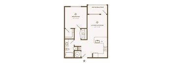 A floor plan of a small apartment with a bedroom, living room, and kitchen.