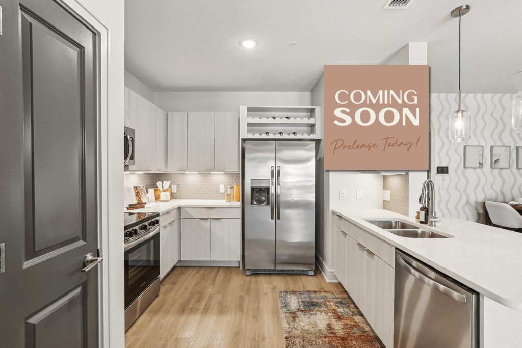 A kitchen interior with a sign that says "Coming Soon" and "Release Today!"