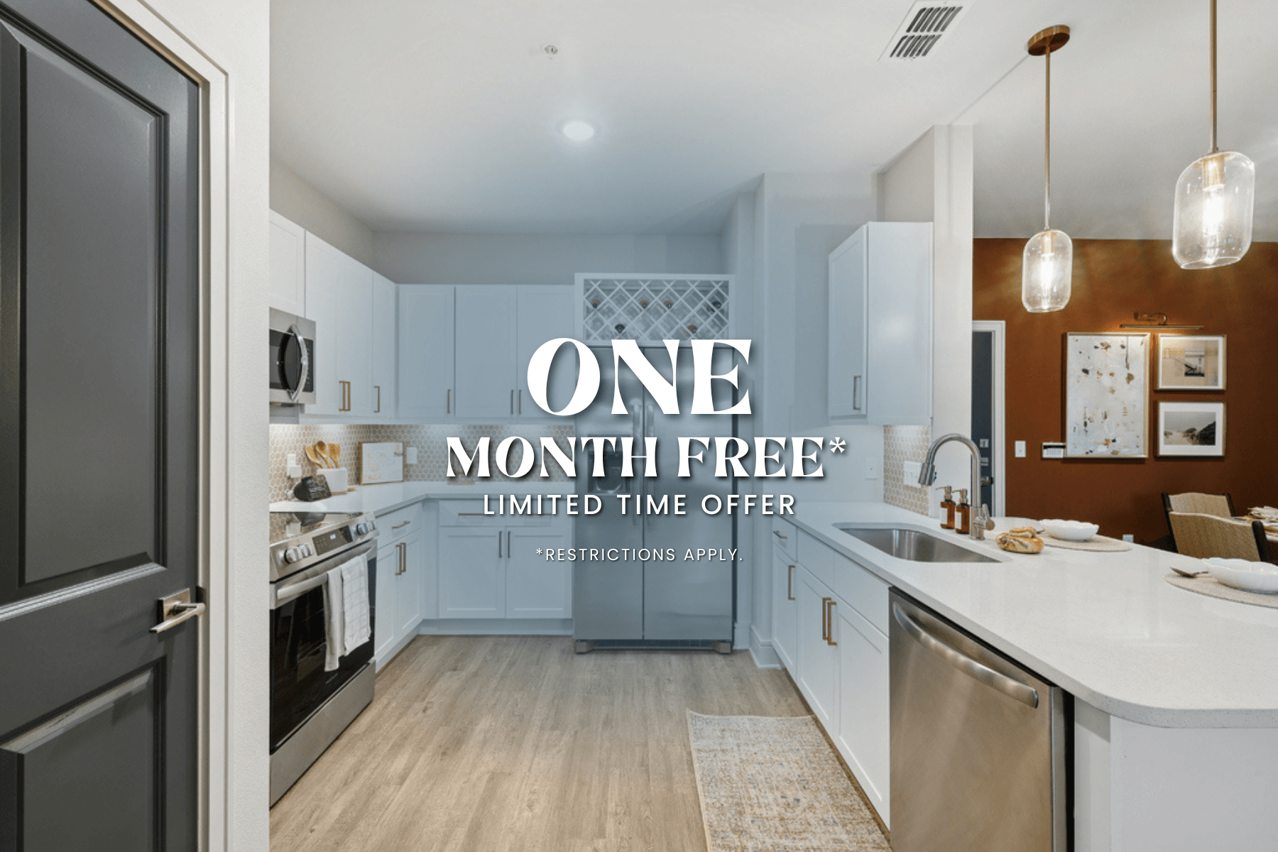 A modern kitchen with a one month free limited time offer.