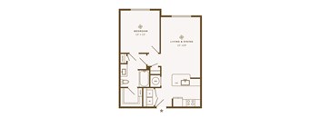 A floor plan of a small apartment with a bedroom, living room, and kitchen.