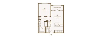 A floor plan of a small apartment with a bedroom, living room, and kitchen.