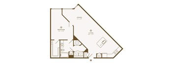 A floor plan of a house with a bedroom, living room, dining room, and kitchen.