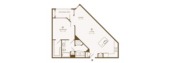 A floor plan of a house with a patio, dining room, and bedroom.