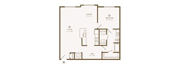 A floor plan of a small apartment with a living room, dining room, bedroom, and den.