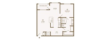 A floor plan of a small apartment with a living room, dining room, bedroom, and den.
