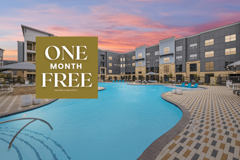 an image of a swimming pool with a sign saying one month free at an apartment