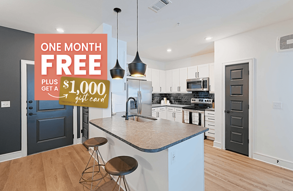 an image of a kitchen with a counter and a sign that says one month free