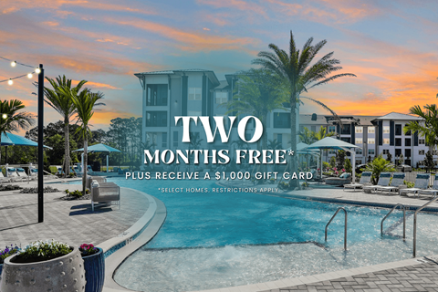 A pool surrounded by palm trees and lounge chairs with a building in the background and the words "TWO MONTHS FREE" on it.
