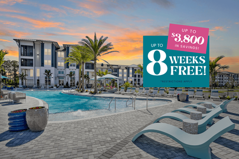 A poolside advertisement offers up to $3,800 in savings for 8 weeks.