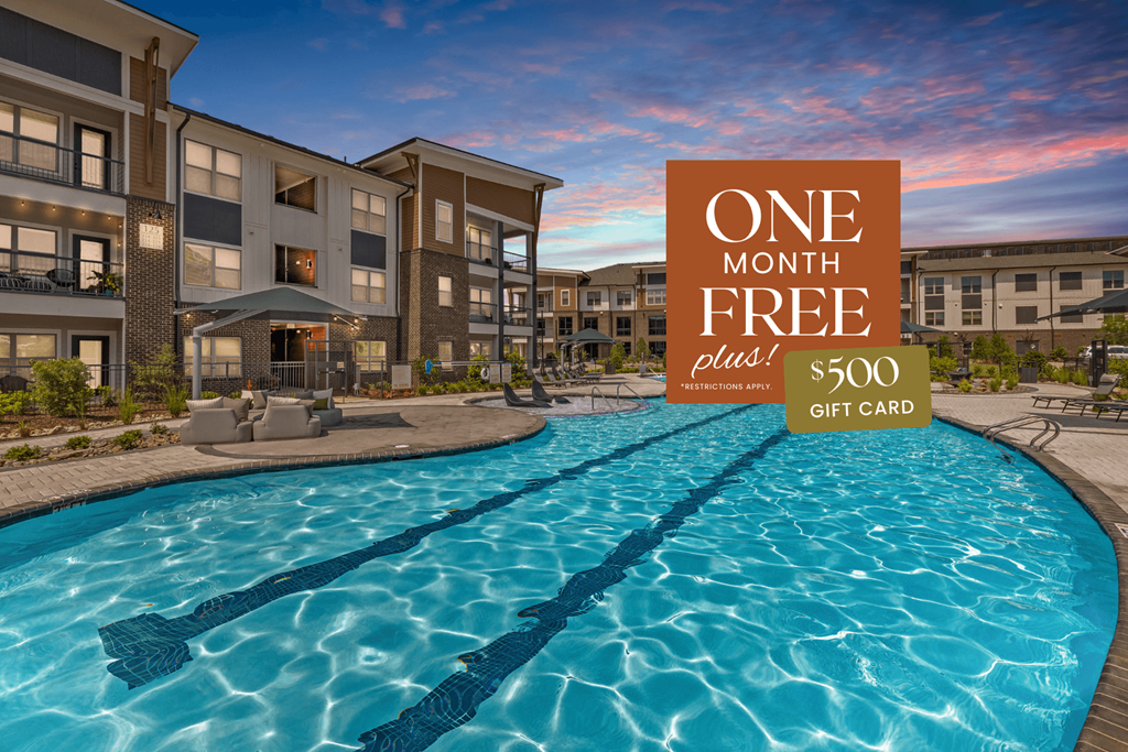 an image of a swimming pool with an advertisement for a one month freehold apartment
