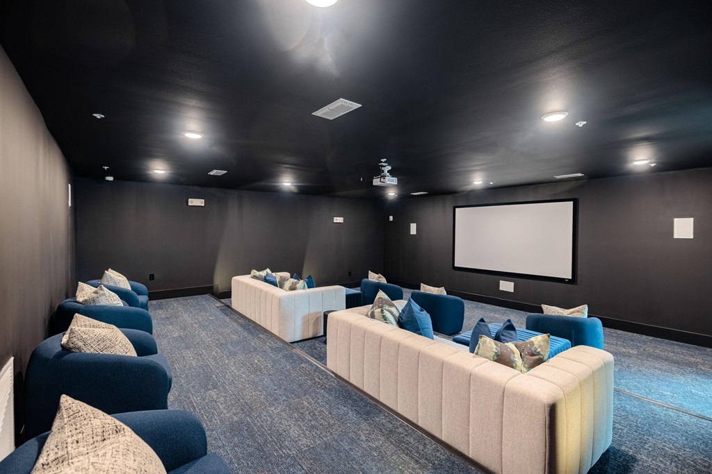 a large screening room with couches and a tv