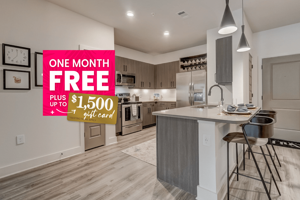 an image of a kitchen with a one month free sale sign