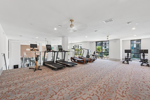A gym with treadmills, elliptical machines, and other exercise equipment.
