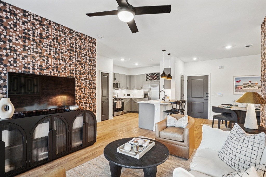 Living Room with Views to the Kitchen and Dining Area.