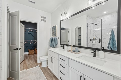 Bathroom with Quartz Countertops, Double Vanity Sinks, Walk-in Shower, and Walk-in Closet