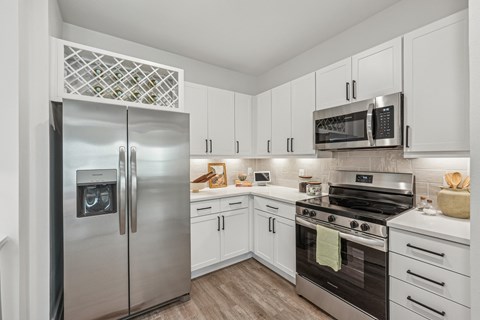 Kitchen with Quartz Countertop and Stainless Steel Appliances.