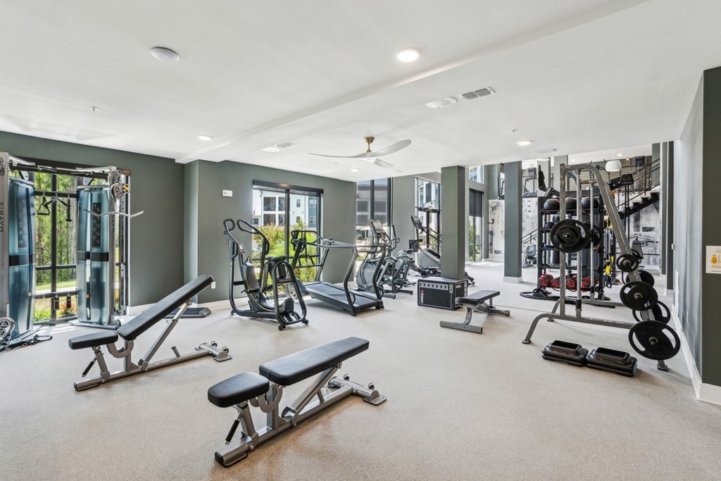 A spacious gym with a variety of equipment including treadmills, weights, and exercise machines.