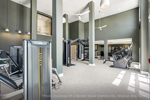 A gym with a variety of equipment including treadmills, weights and exercise machines.