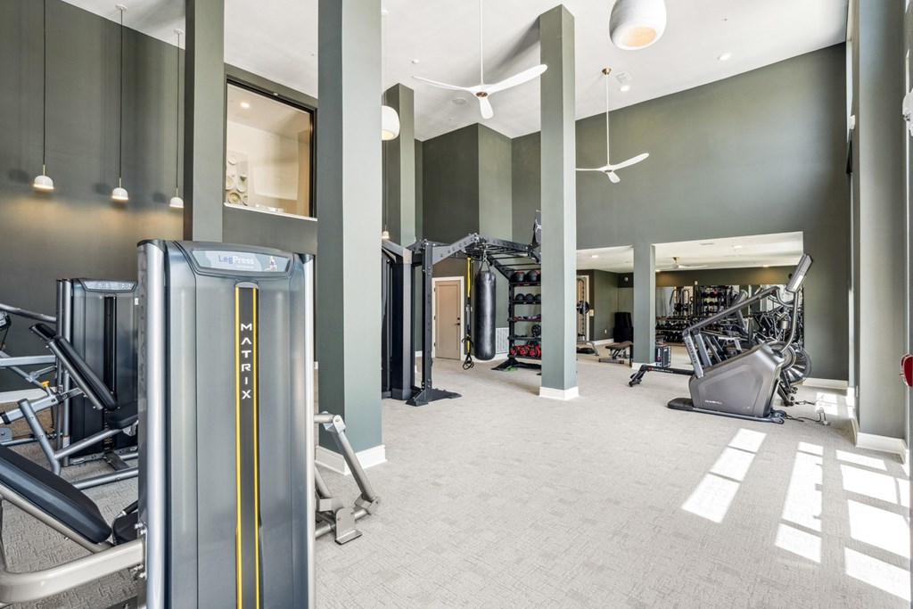 A gym with a variety of equipment including treadmills, weights, and exercise machines.