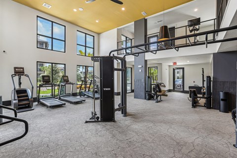 A gym with a variety of equipment including treadmills, weights, and exercise machines.