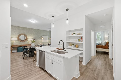 Kitchen Island with Seating Space and Built-in Shelves