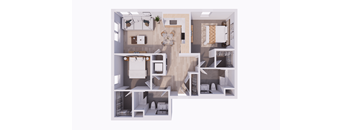 A top-down view of a house layout with a kitchen, living room, and bedrooms.