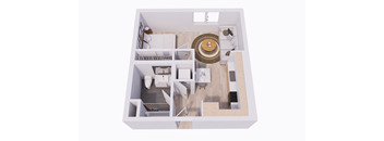 A top down view of a small apartment with a kitchen, living room and bathroom.