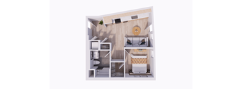 A dollhouse with a kitchen and living room.