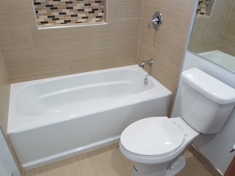 A white toilet sits next to a bathtub in a bathroom.