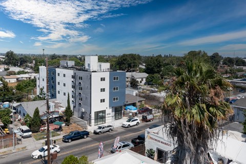 an aerial view of a white building and a palm tree