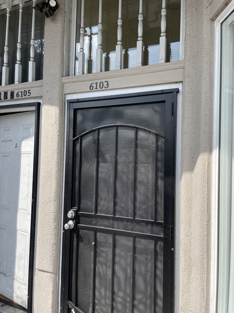 A black door with a window above it and a white door to the left.