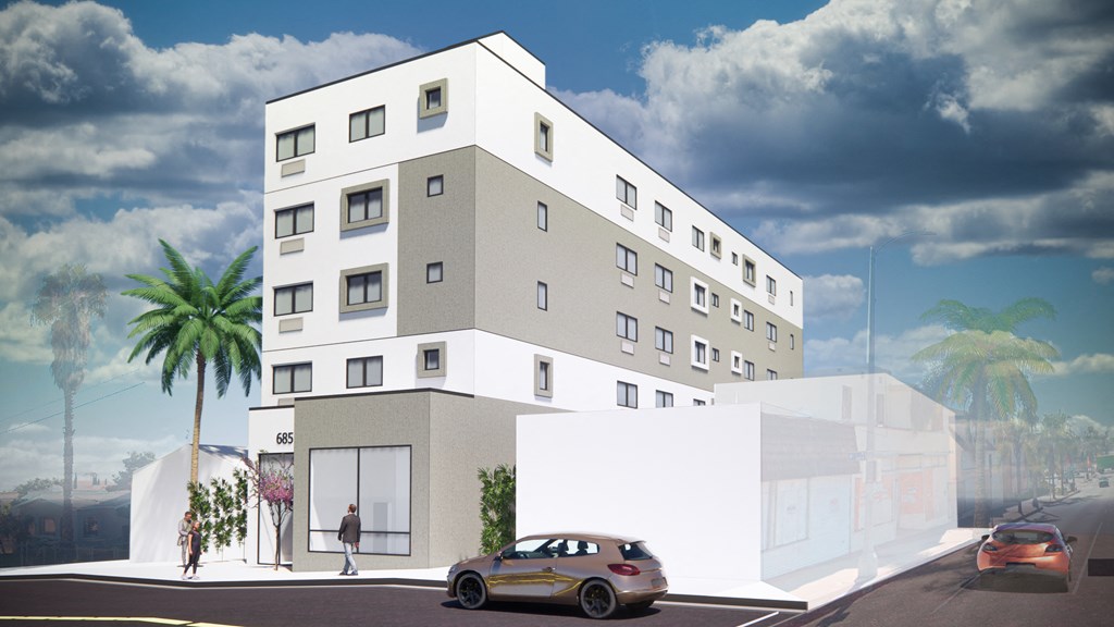 a rendering of a white building with a car parked in front of it