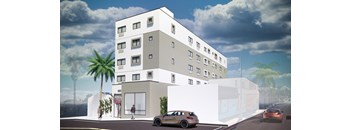 a rendering of a white building with a car parked in front of it