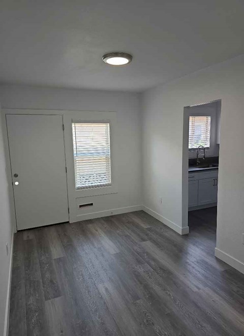 A room with a wooden floor and a white door.