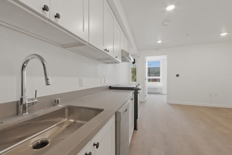A modern kitchen with a stainless steel sink and white cabinets.