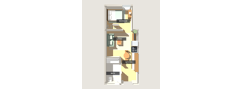 A floor plan of a small apartment with a bedroom, living room, kitchen, and bathroom.