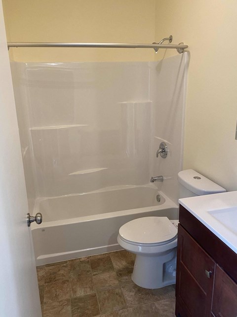 A white toilet sits next to a bathtub in a bathroom.