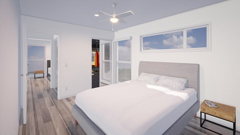 A bedroom with a large bed and a window with a view of the sky.