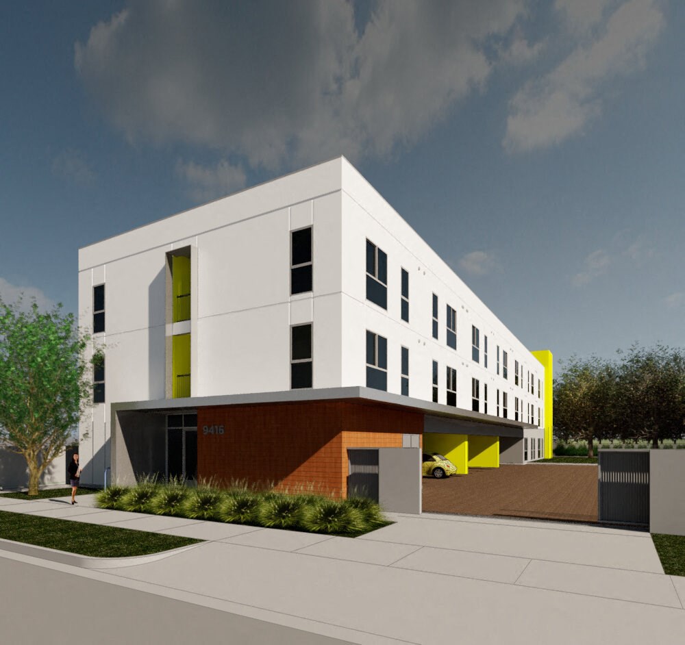 a rendering of a white building with a red and yellow facade